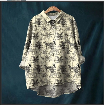 3/4 Roll Sleeve Linen Blend Print Shirt  |  Womens Shirts & Blouses Shirts & Blouses Shirts & Blouses