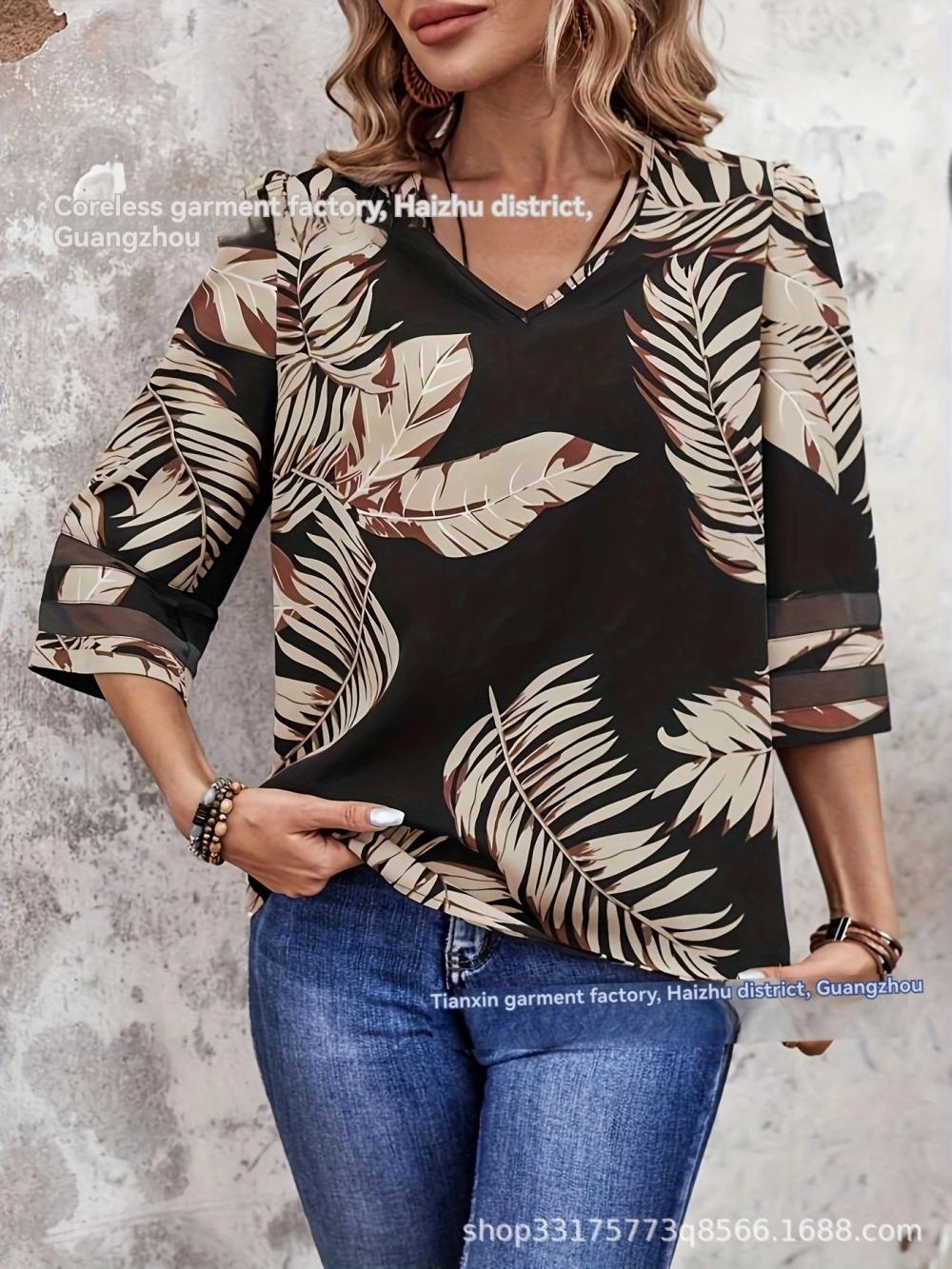 3/4 Sleeve Printed Tie Neck Blouse  |  Womens Shirts & Blouses Shirts & Blouses Shirts & Blouses