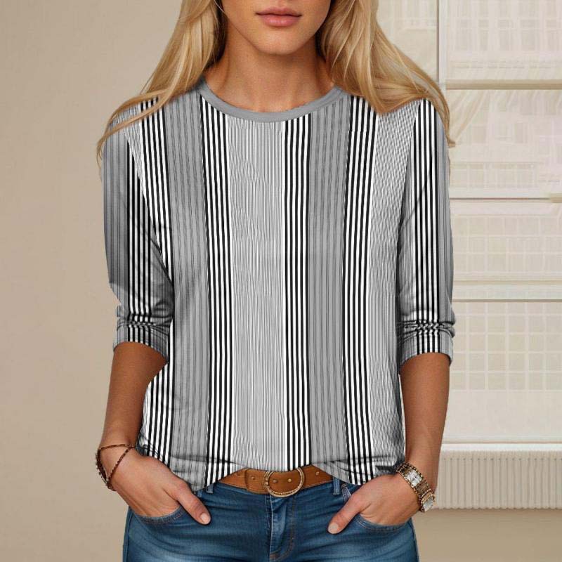 3/4 Sleeve Stripe Top With Button Shoulder  |  Womens 34 Sleeve Tops 34 Sleeve Tops 34 Sleeve Tops