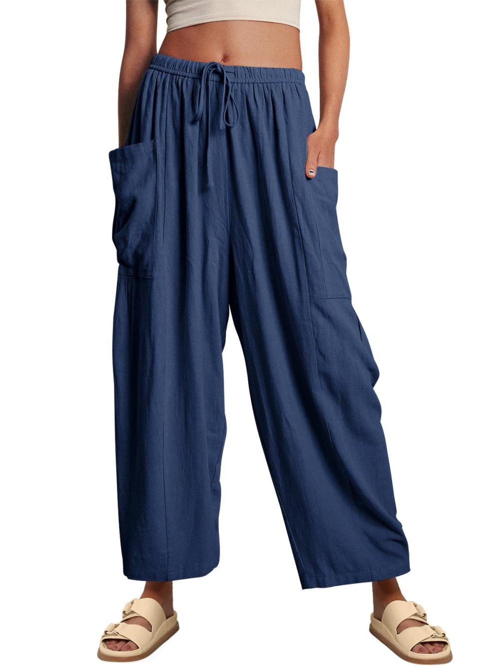 Ankle Length Straight Leg Linen Blend Drawcord Toggle Cargo Pant  |  Womens Pants Bottoms Pants