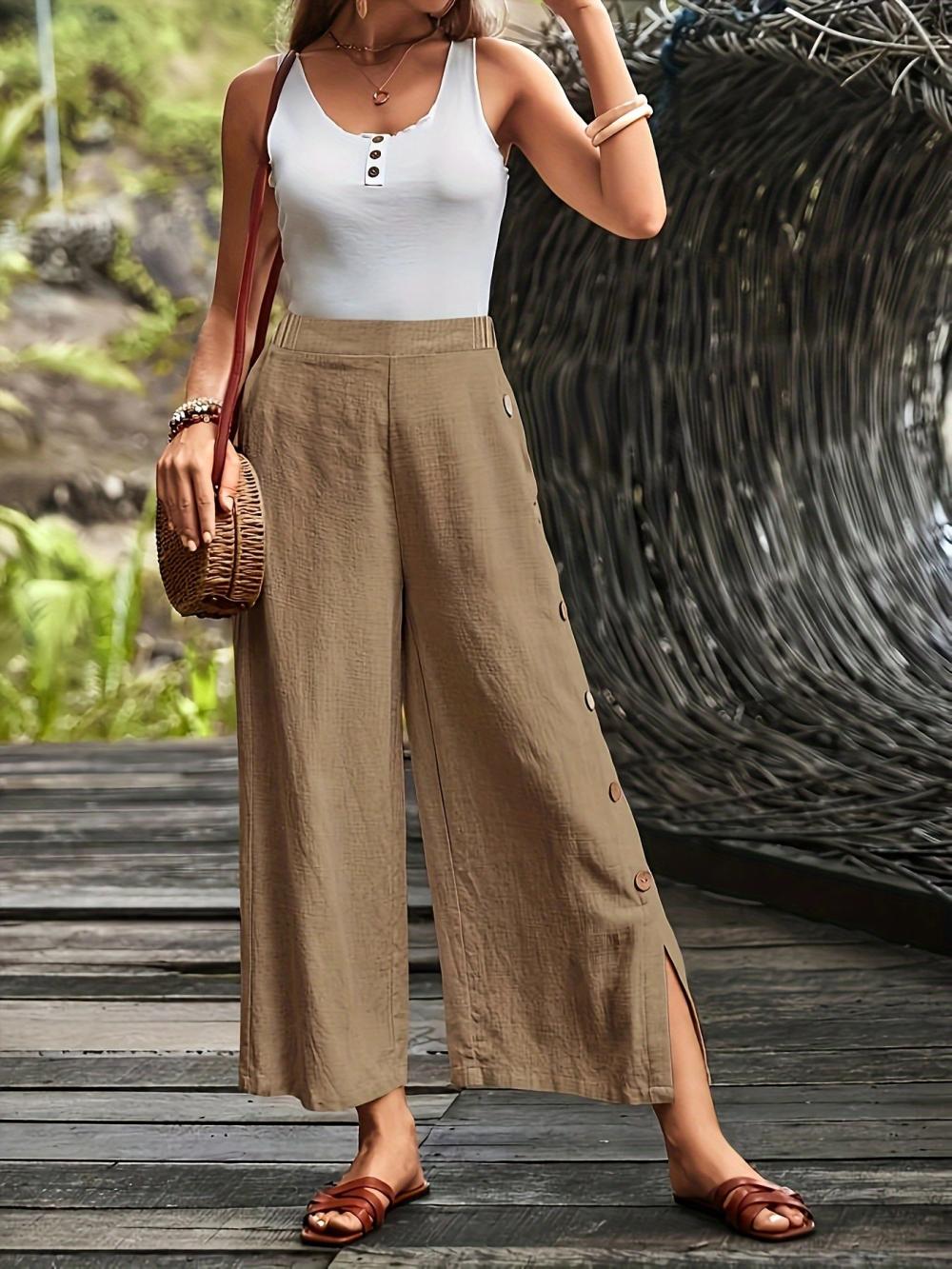 Button Split Detail Linen Culotte Pants  |  Womens Crops & Capris Bottoms Crops & Capris