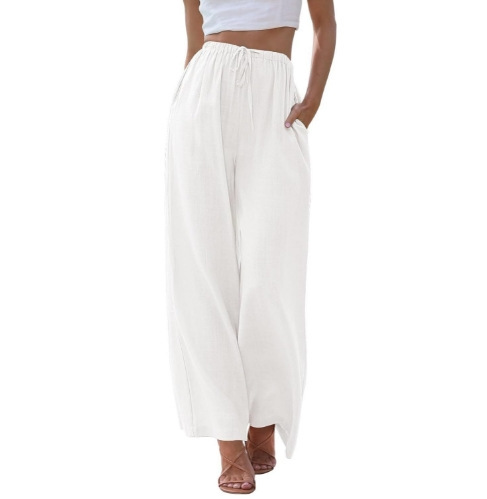 Crop Length Straight Leg Linen Blend Drawcord Pant  |  Womens Crops & Capris Bottoms Crops & Capris