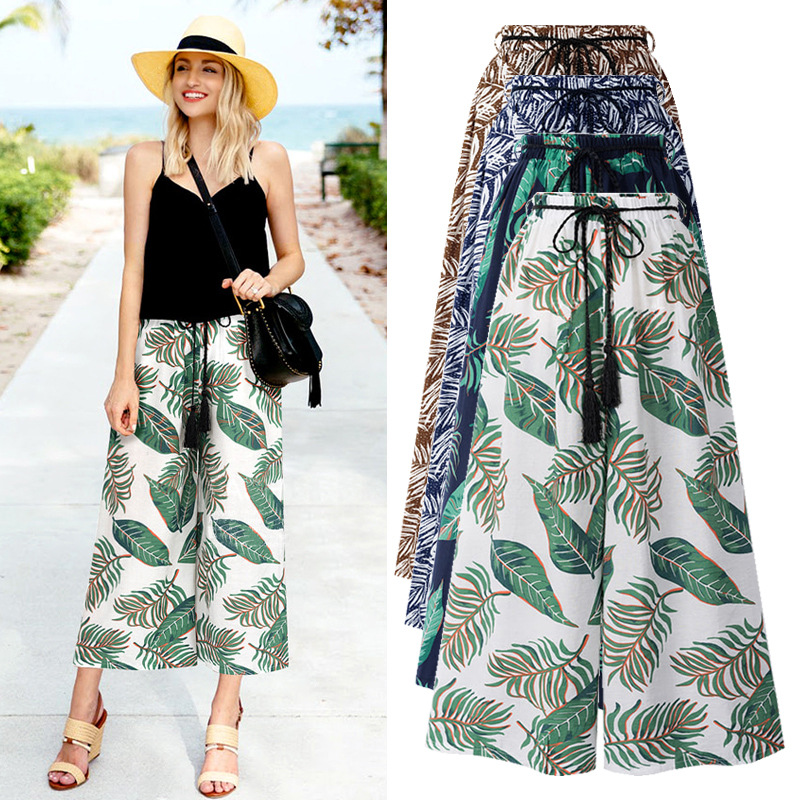 Crop Length Wide Leg Linen Blend Contrast Piping Printed Pant  |  Womens Crops & Capris Bottoms Crops & Capris