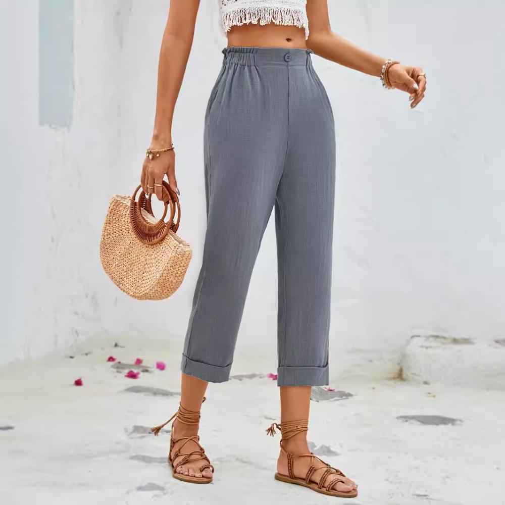 Crop Length Wide Leg Shell Button Linen Blend Pant  |  Womens Crops & Capris Bottoms Crops & Capris