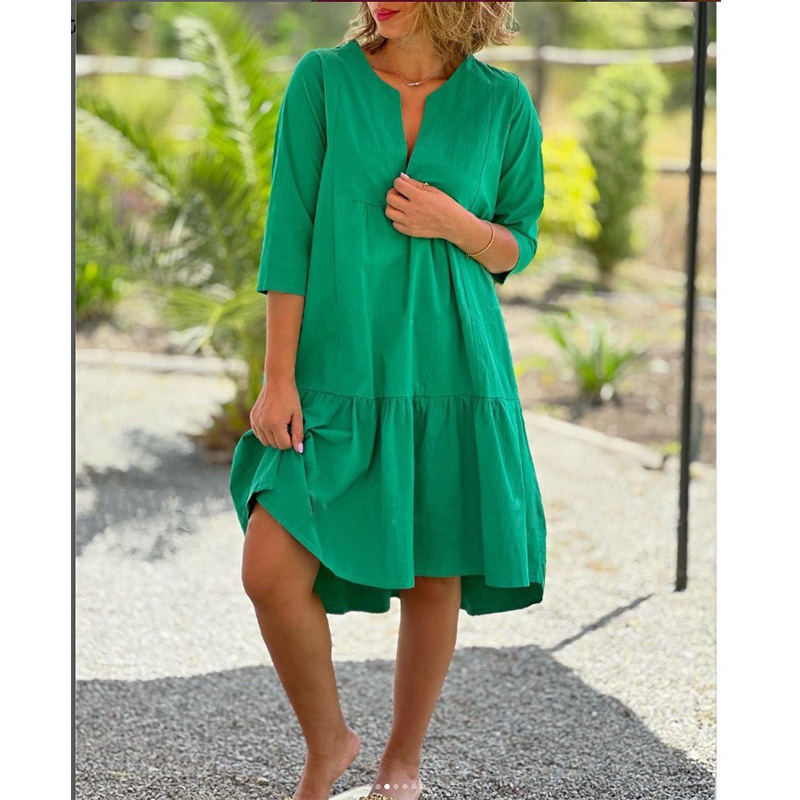 Elbow Sleeve Linen Blend Knee Length Dress  |  Womens Midi Dresses Dresses Midi Dresses