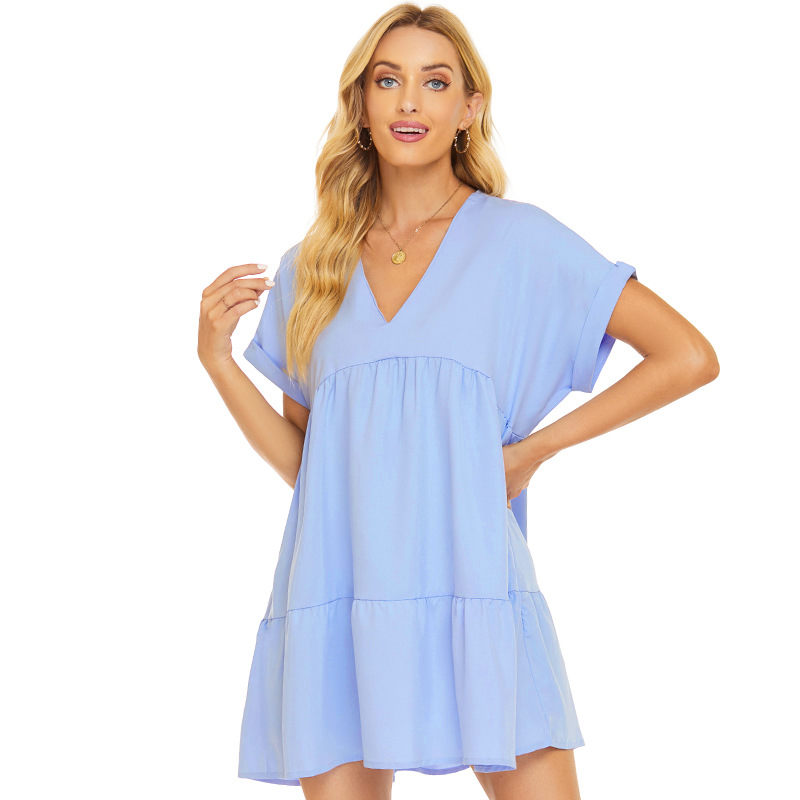 Elbow Sleeve Linen Blend Tiered Knee Length Dress  |  Womens Midi Dresses Dresses Midi Dresses