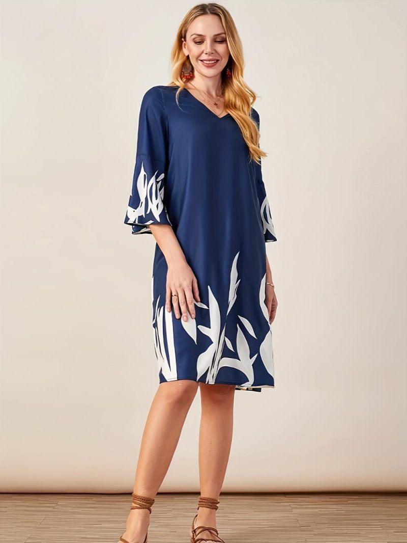 Elbow Sleeve Rayon Knee Length Dress With Frill Sleeve  |  Womens Midi Dresses Dresses Midi Dresses