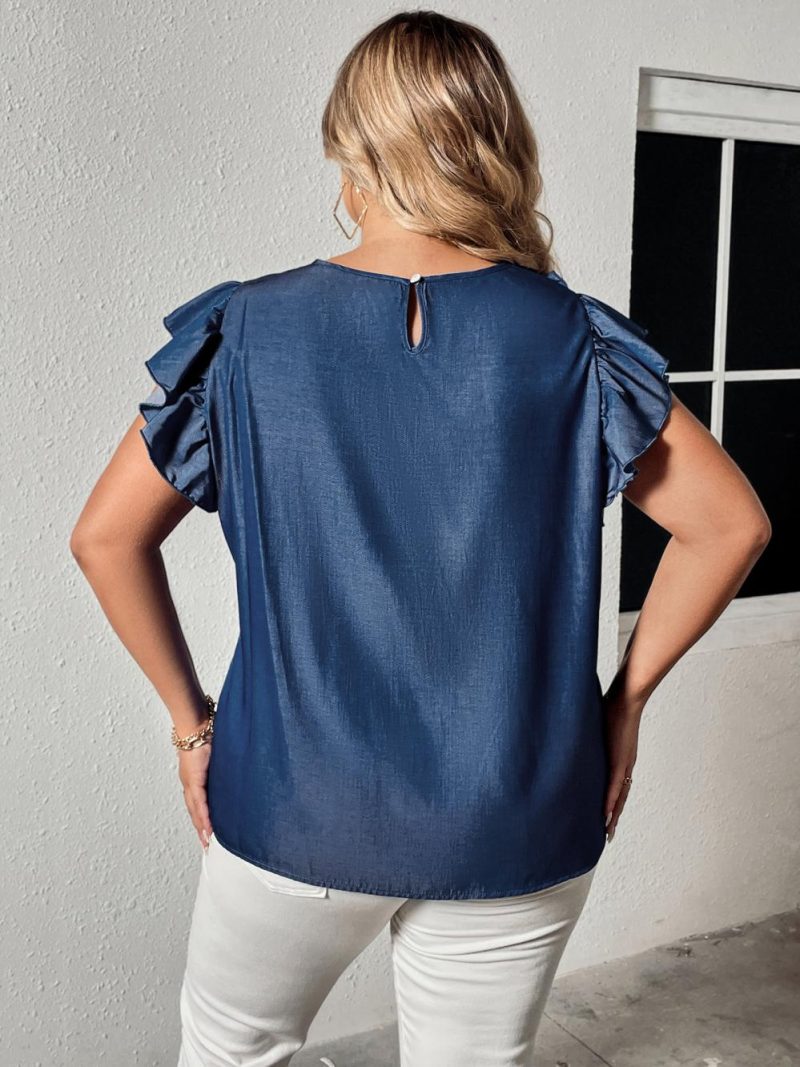 Extended Frill Sleeve Cotton Chambray Blouse  |  Womens Shirts & Blouses Shirts & Blouses Shirts & Blouses