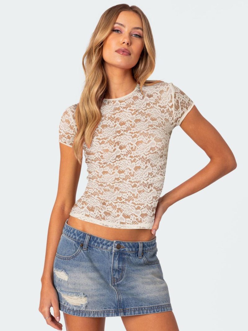 Extended  Sleeve Crochet Top  |  Womens Tees Tees Tees