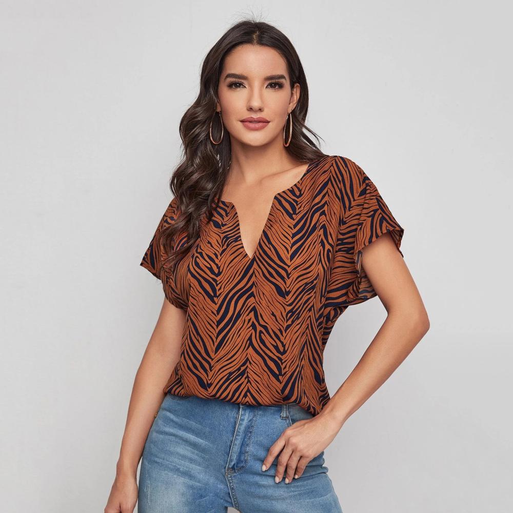 Extended Sleeve Printed Cold Shoulder Top With Tie Detail  |  Womens Tees Tees Tees