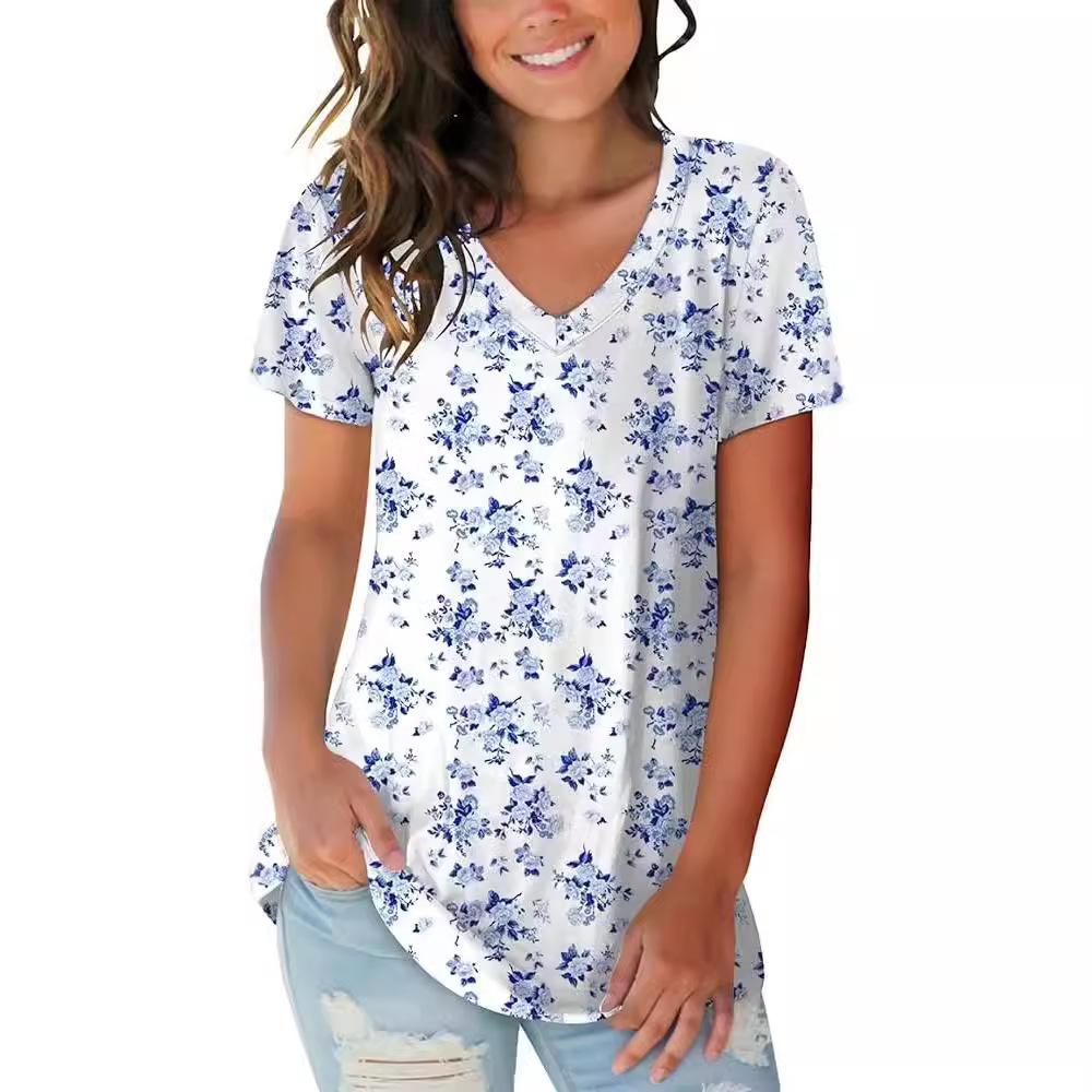 Extended Sleeve Printed V Neck Top With Shoulder Detail  |  Womens Tees Tees Tees