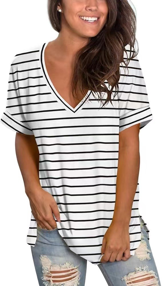 Extended Sleeve Stripe V-Neck Knit Top  |  Womens Tees Tees Tees