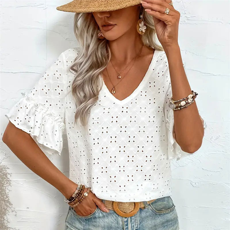 Frill Short Sleeve Broidery Top  |  Womens Short Sleeve Tops Short Sleeve Tops Short Sleeve Tops