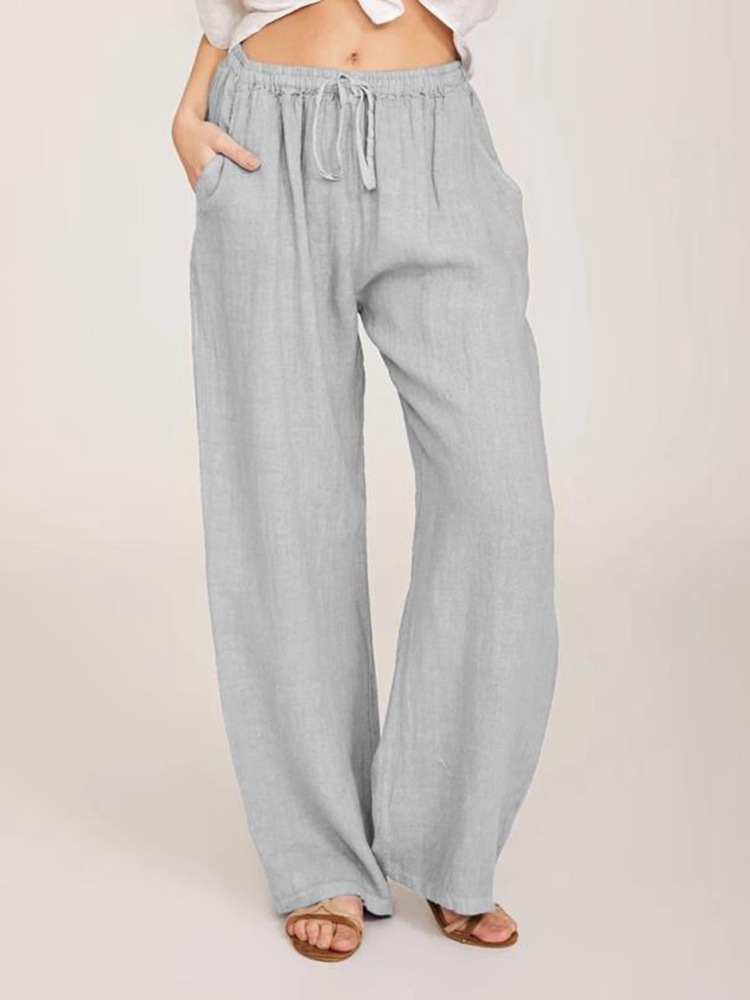 Full Length Straight Leg Linen Blend Panel Detail Drawcord Pant  |  Womens Pants Bottoms Pants