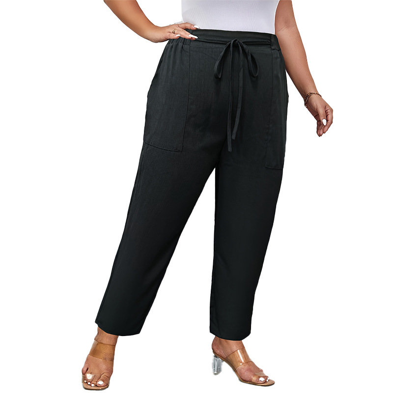 Full Length Straight Leg Linen Blend Panel Detail Drawcord Pant  |  Womens Pants Bottoms Pants