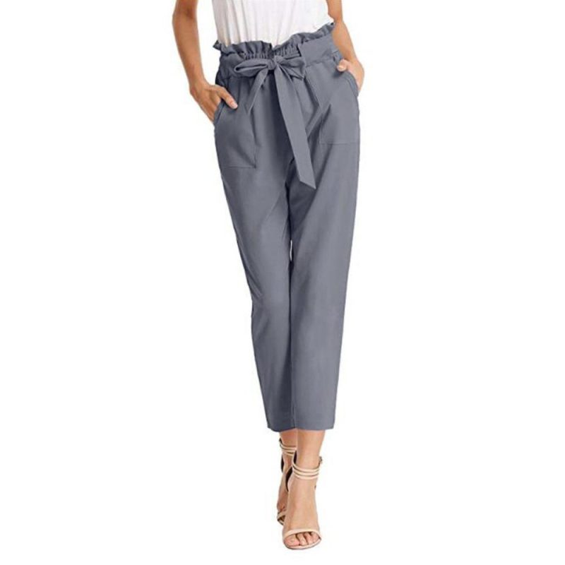 Full Length Tapered Leg Linen Blend Self Tie Pant  |  Womens Pants Bottoms Pants