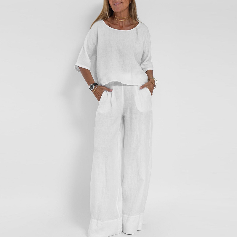 Full Length Wide Leg Linen Blend Pant  |  Womens Pants Bottoms Pants