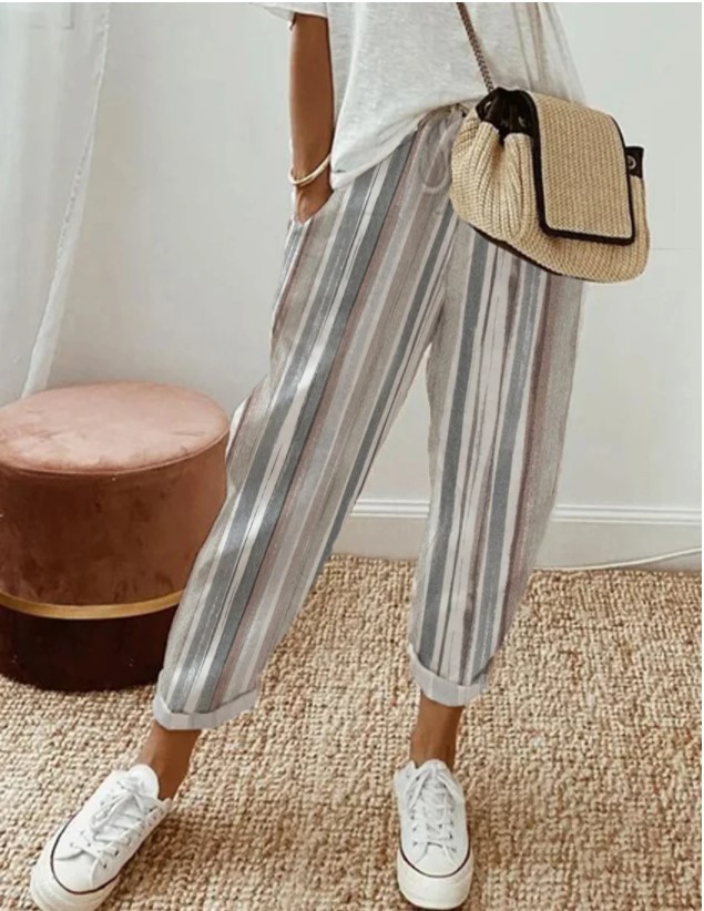 Full Length Yarn Dyed Stripe Linen Blend Pant With Self Belt  |  Womens Pants Bottoms Pants