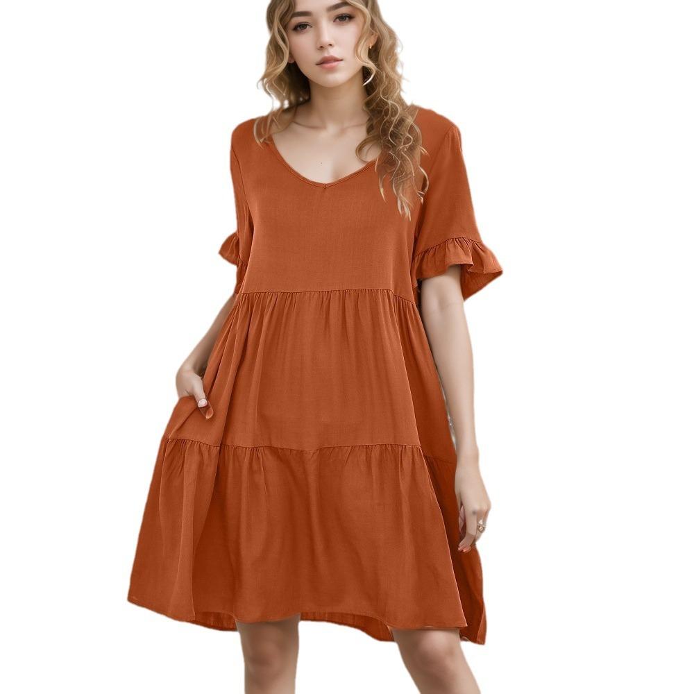 Linen Blend Midi Dress With Flare Sleeve  |  Womens Midi Dresses Dresses Midi Dresses