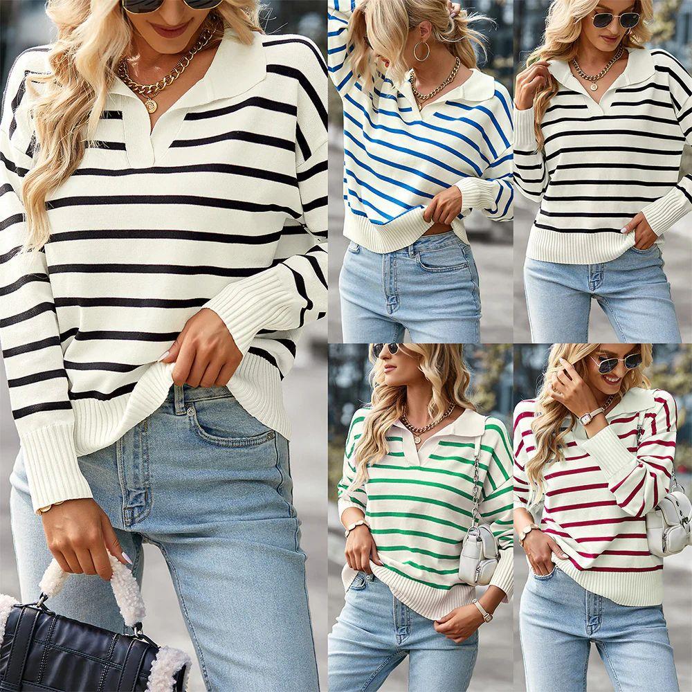 Long Sleeve Collared Stripe Jumper  |  Womens Jumpers Jumpers Jumpers