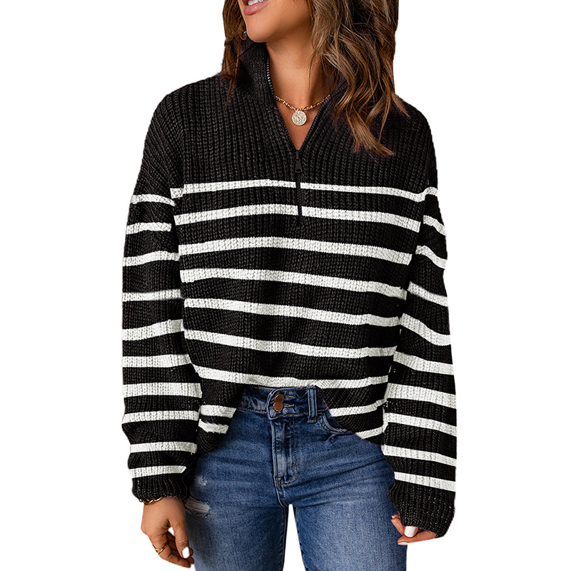 Long Sleeve Half Zip Breton Stripe Jumper  |  Womens Jumpers Jumpers Jumpers