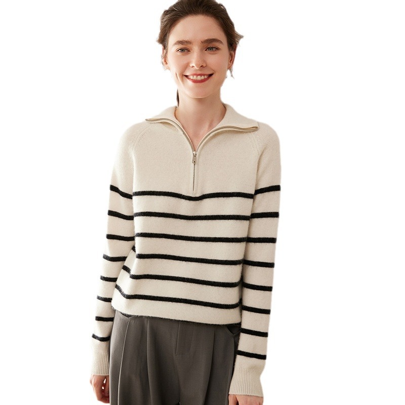 Long Sleeve Half Zip Breton Stripe Jumper  |  Womens Jumpers Jumpers Jumpers