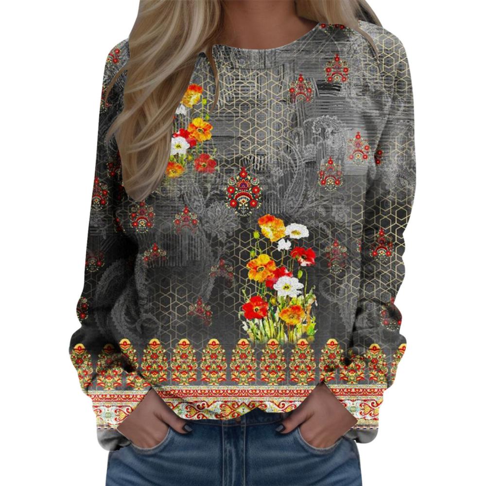 Long Sleeve Multi Print Notch Neck Top  |  Womens Long Sleeve Tops Long Sleeve Tops Long Sleeve Tops