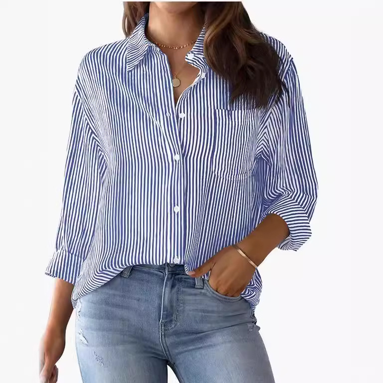 Long Sleeve Roll To 3/4 Stripe Shirt  |  Womens Shirts & Blouses Shirts & Blouses Shirts & Blouses