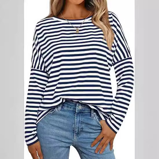 Long Sleeve Stripe Top With Contrast Neck Bind  |  Womens Long Sleeve Tops Long Sleeve Tops Long Sleeve Tops