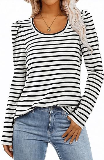 Long Sleeve Stripe Top With Contrast Neck Bind  |  Womens Long Sleeve Tops Long Sleeve Tops Long Sleeve Tops