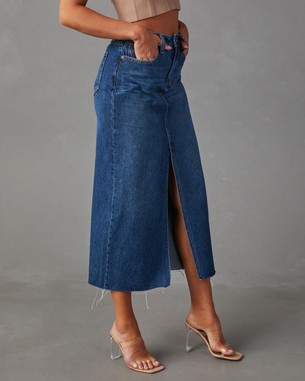 Mid Length Denim Skirt  |  Womens Skirts Bottoms Skirts