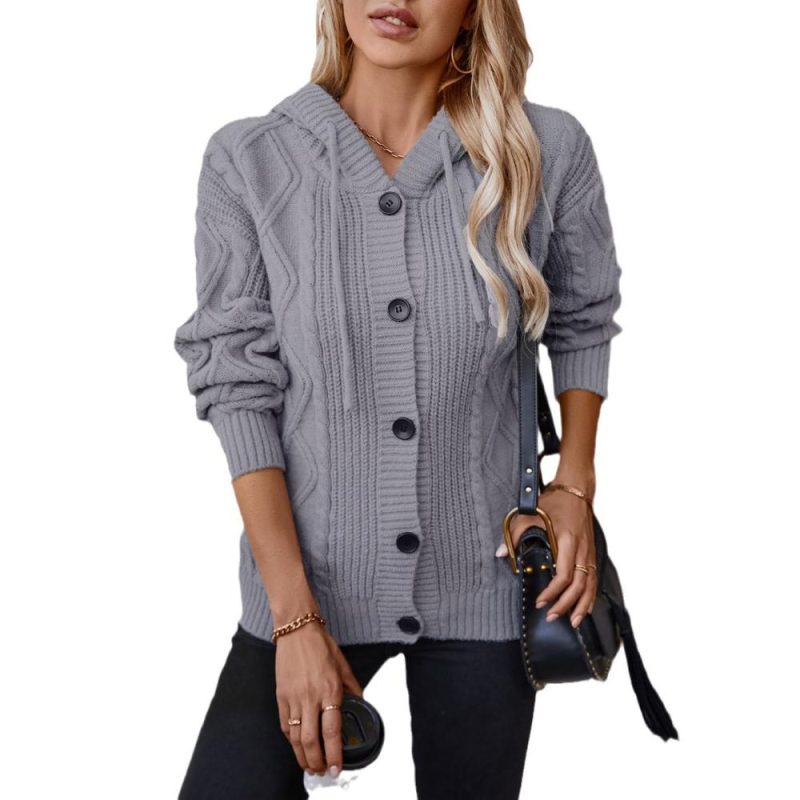 Navy Blue Long Sleeve Button-Up Hooded Cardigans  |  Womens Cardigans Cardigans Cardigans