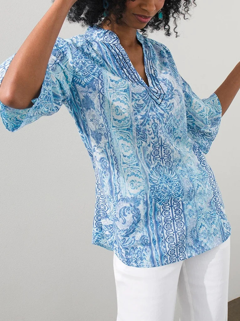 Short Sleeve Border Print Blouse  |  Womens Shirts & Blouses Shirts & Blouses Shirts & Blouses