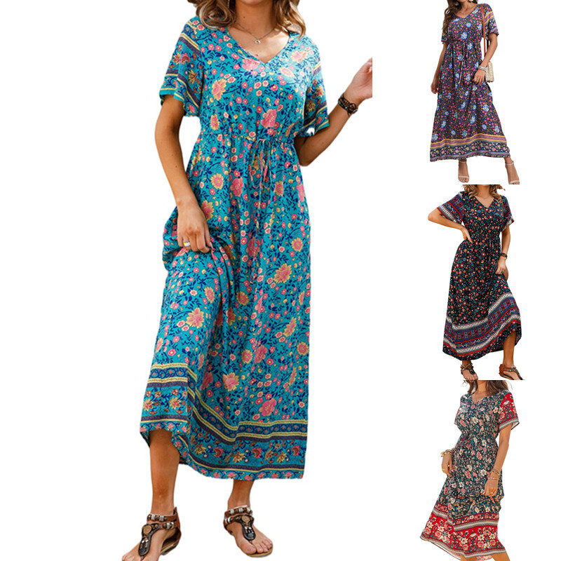 Short Sleeve Border Print Maxi Dress  |  Womens Maxi Dresses Dresses Maxi Dresses