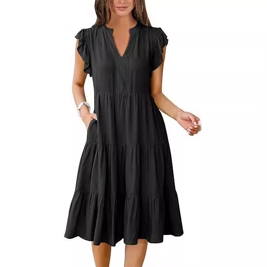 Short Sleeve Half Placket Tiered Shift Dress  |  Womens Sleeved Dresses Dresses Sleeved Dresses