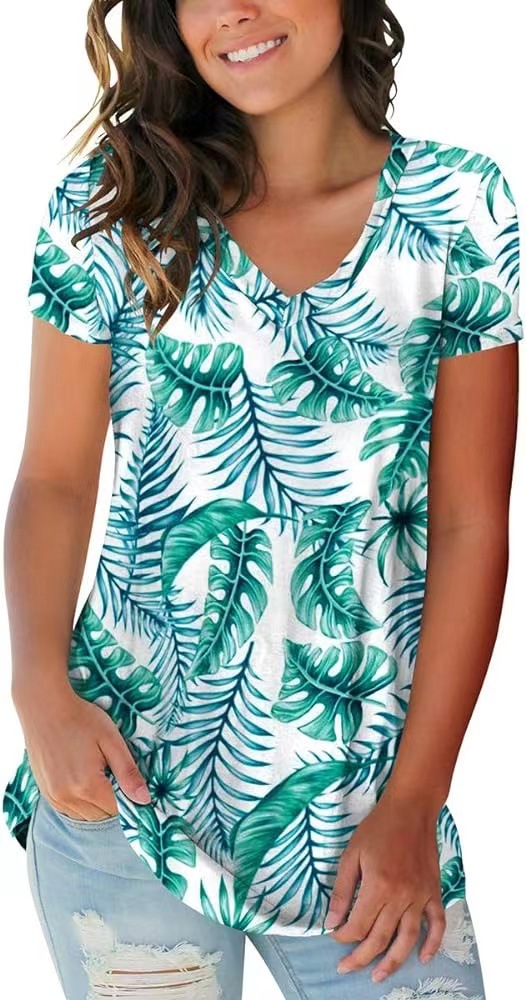 Short Sleeve Printed V-Neck Slub Top  |  Womens Short Sleeve Tops Short Sleeve Tops Short Sleeve Tops