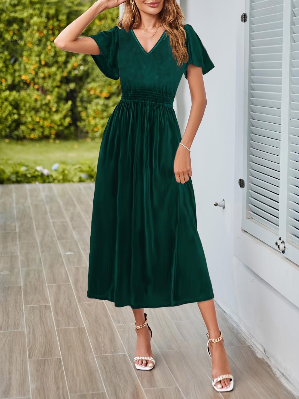 Short Sleeve Shirred Bodice V Neck Maxi Dress  |  Womens Maxi Dresses Dresses Maxi Dresses