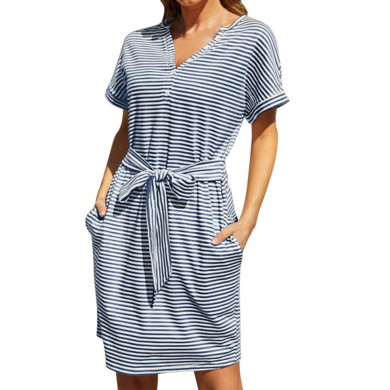 Short Sleeve Stripe Knit Dress  |  Womens Sleeved Dresses Dresses Sleeved Dresses