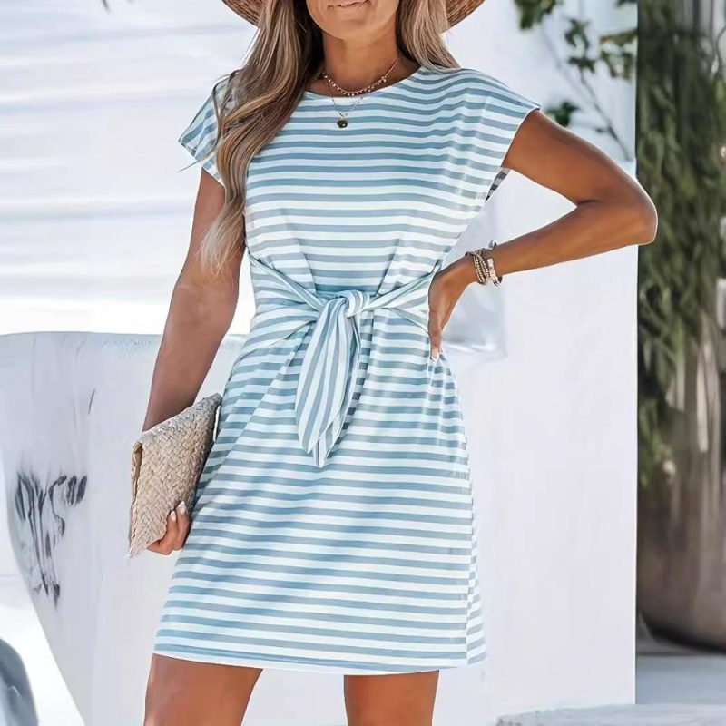 Short Sleeve Stripe Knit Dress  |  Womens Sleeved Dresses Dresses Sleeved Dresses