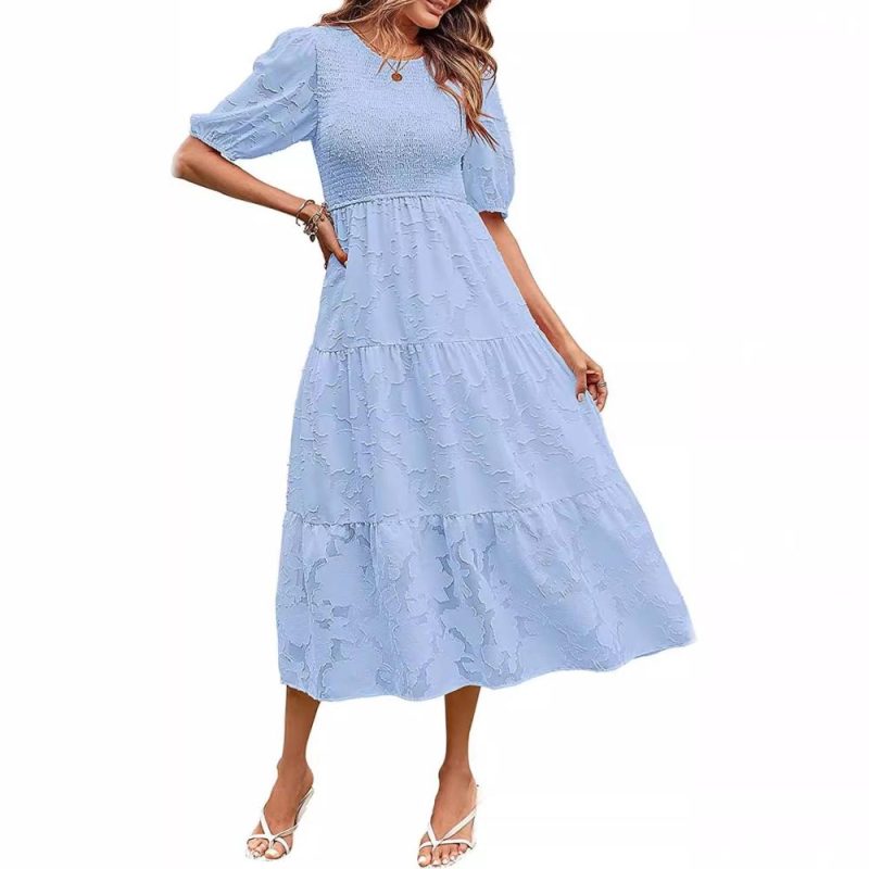 Short Sleeve Tiered Knee Length Schiffli Dress  |  Womens Midi Dresses Dresses Midi Dresses