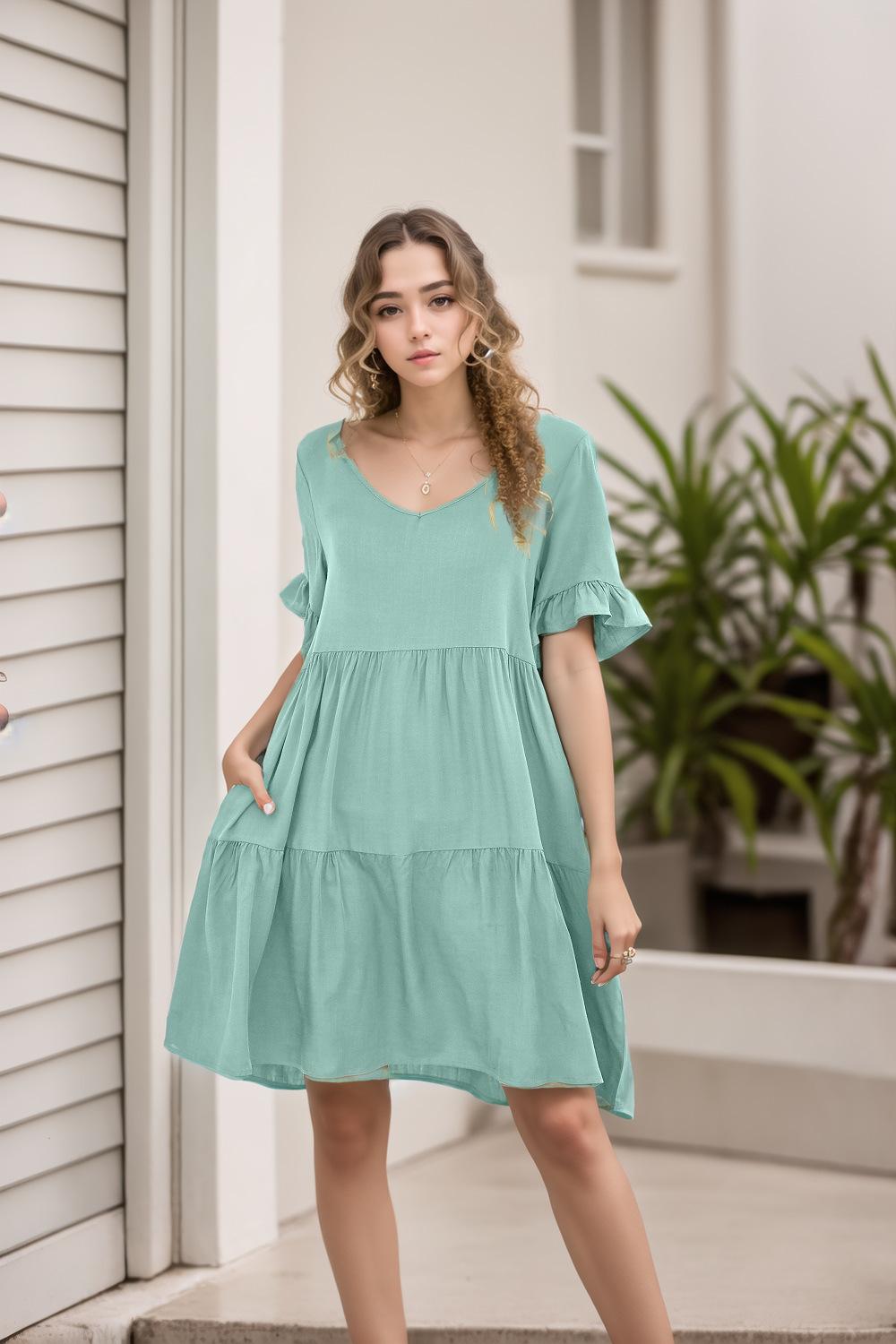 Short Sleeve Tiered Linen Blend Midi Dress  |  Womens Midi Dresses Dresses Midi Dresses