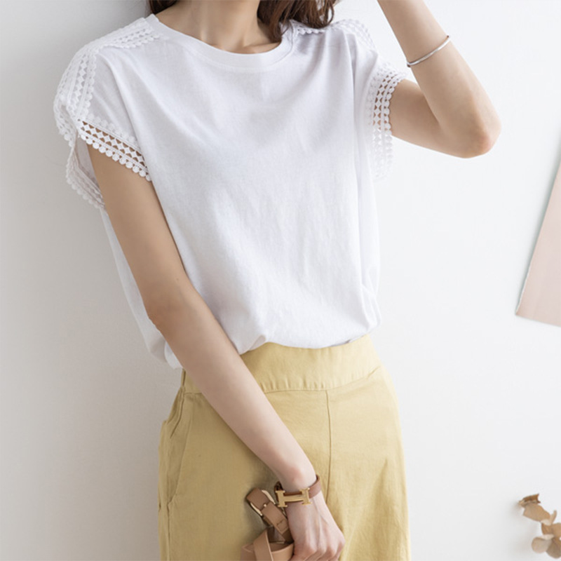 Short Sleeve Top With Lace Shoulder  |  Womens Short Sleeve Tops Short Sleeve Tops Short Sleeve Tops