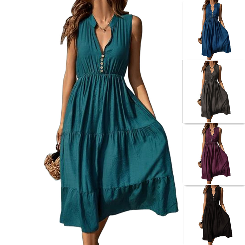 Sleeveless Button Neck Long Cake Dress  |  Womens Sleeveless Dresses Dresses Sleeveless Dresses