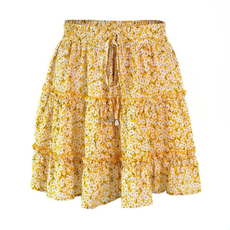 Womens Floral Print High Waist Ruffled Mini Skirt  |  Womens Skirts Bottoms Skirts