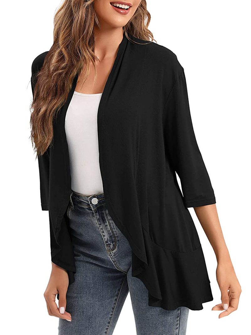 Women’s Three Quarter Sleeves Ruffles Open Front Cardigans  |  Womens Cardigans Cardigans Cardigans